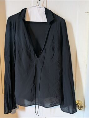 Black Sheer V-Neck Tie Blouse